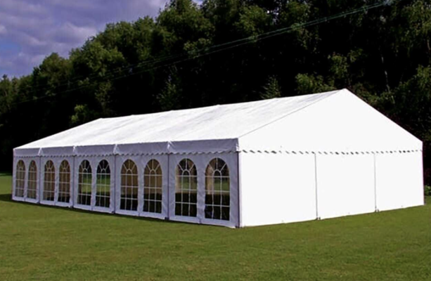 Frame Tent – 7m x 12m (White with Clear Windows)